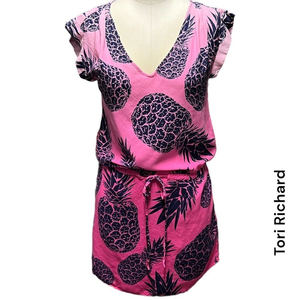 ☘️ TORI RICHARD ombre pineapple shirt dress pink navy + size S